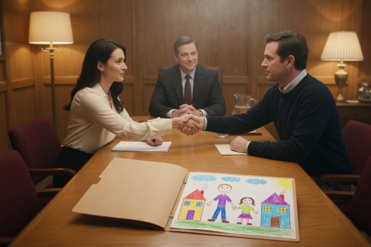 Parents shake hands across the mediation table as the mediator smiles, a child's drawing of two houses on the table