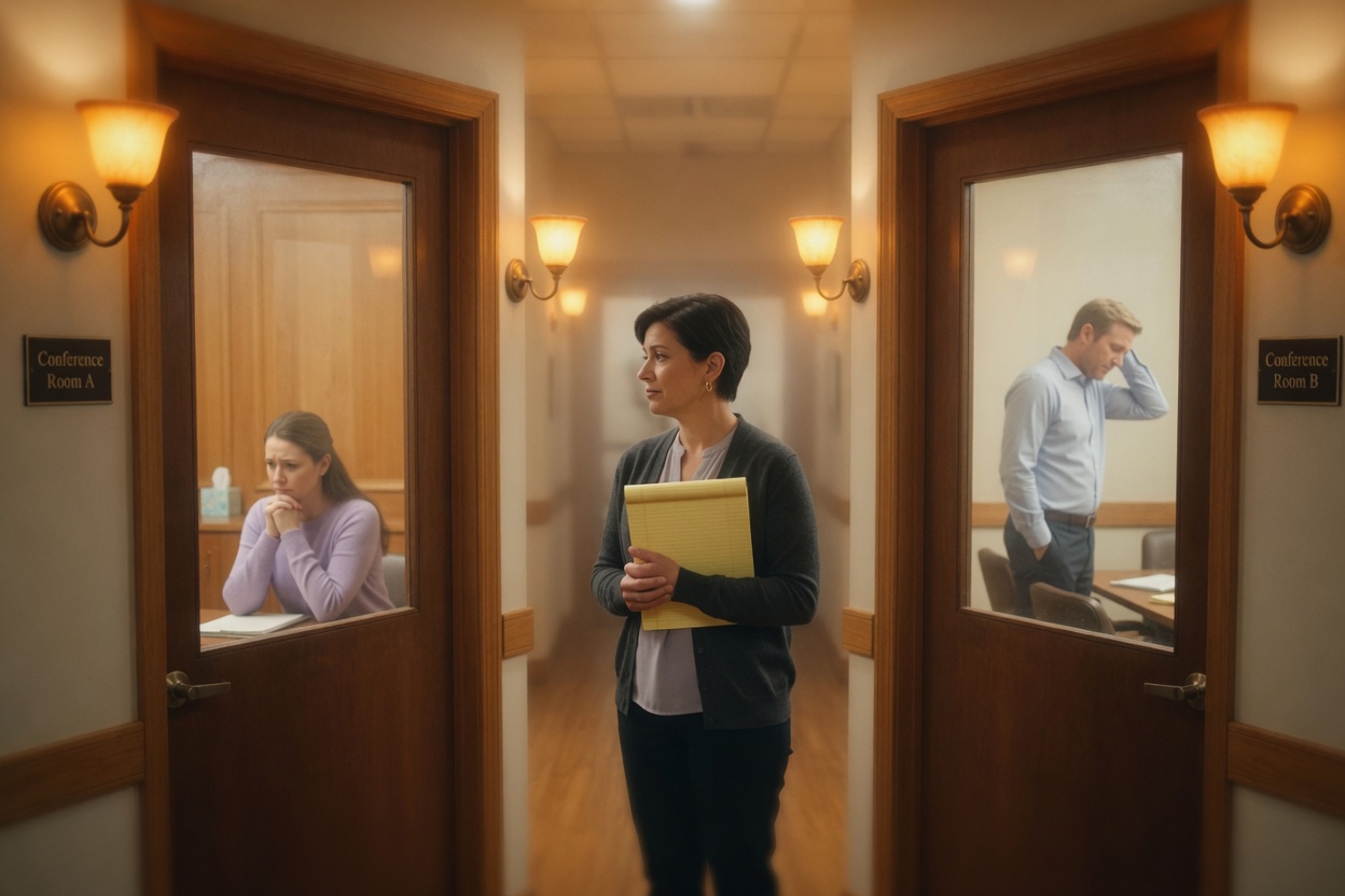 A mediator walks between two office doors, the mother waiting behind one and the father pacing behind the other