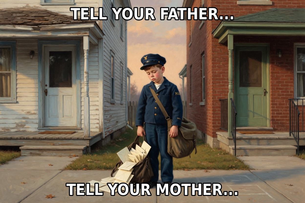 Painted meme of a worn-out boy in a mail carrier's uniform between two houses: 'Tell your father... Tell your mother...'