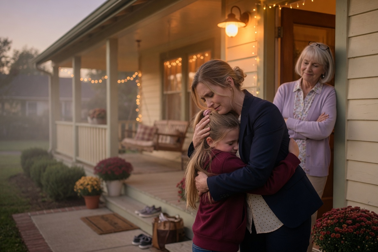 A mother hugs her daughter on the grandparents' porch after a mediation that didn't settle