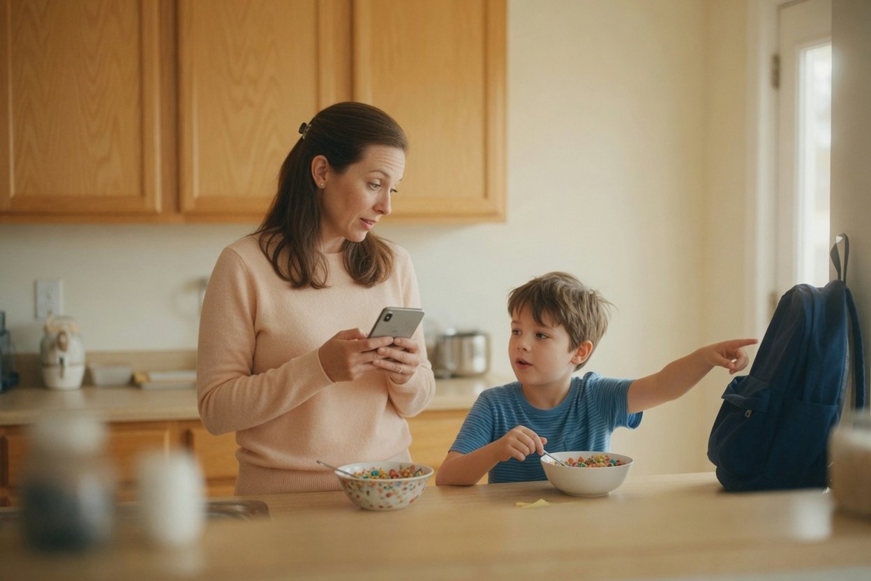 A mom checks the shared family calendar on her phone while her son eats breakfast and points to his soccer bag