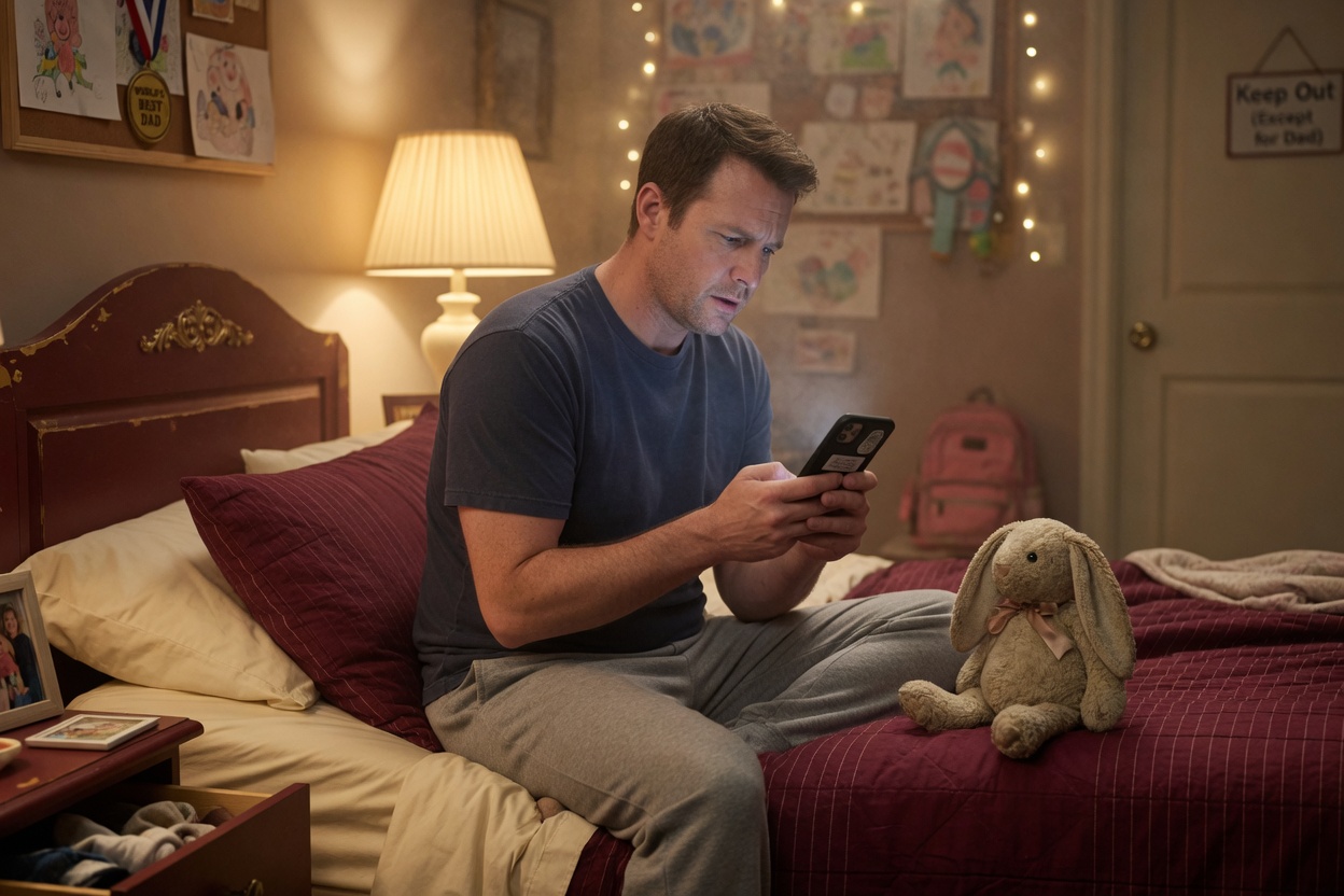 A father sits on the edge of his daughter's bed, thinking before he replies to his ex, her stuffed rabbit beside him
