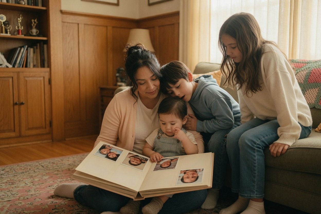 A mother looks through a family photo album on the living-room floor with her toddler, son, and teenage daughter