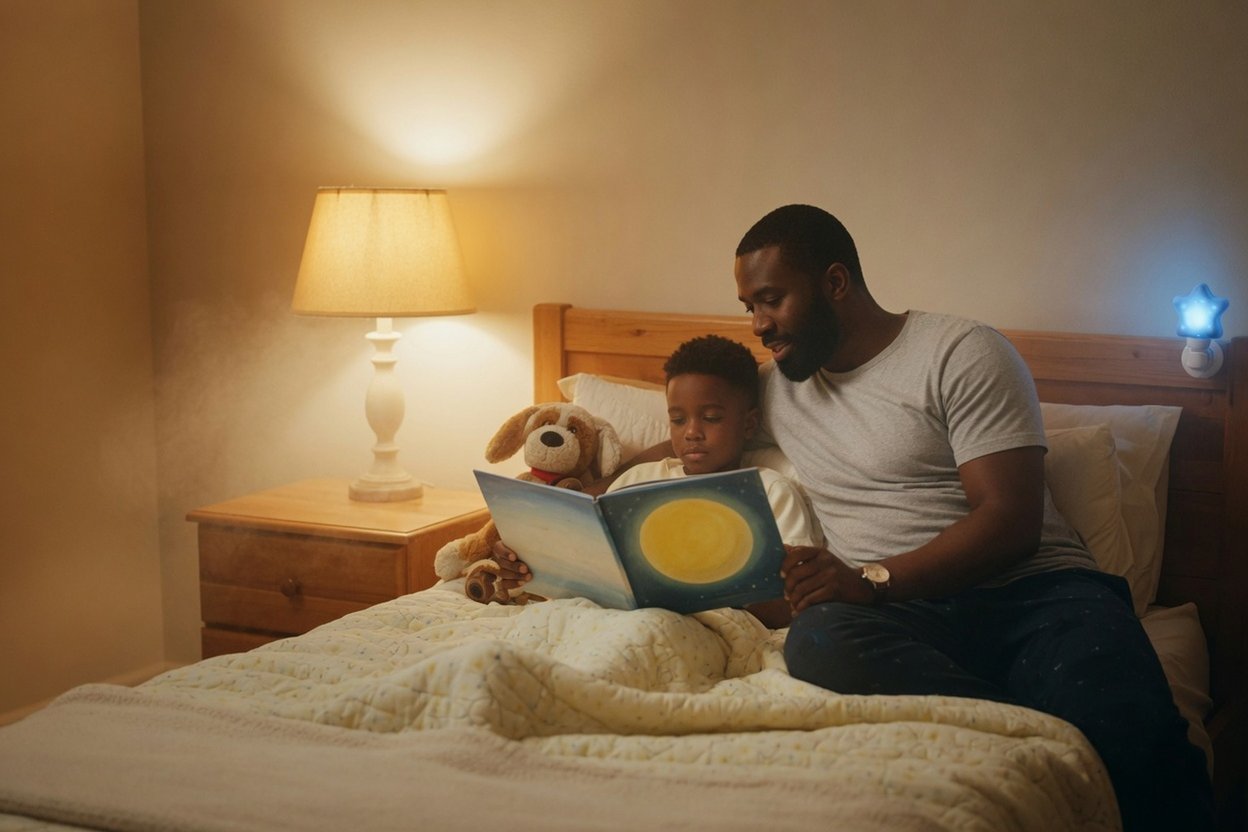 A father reads a bedtime story to his son at his house, a familiar stuffed dog and nightlight beside them
