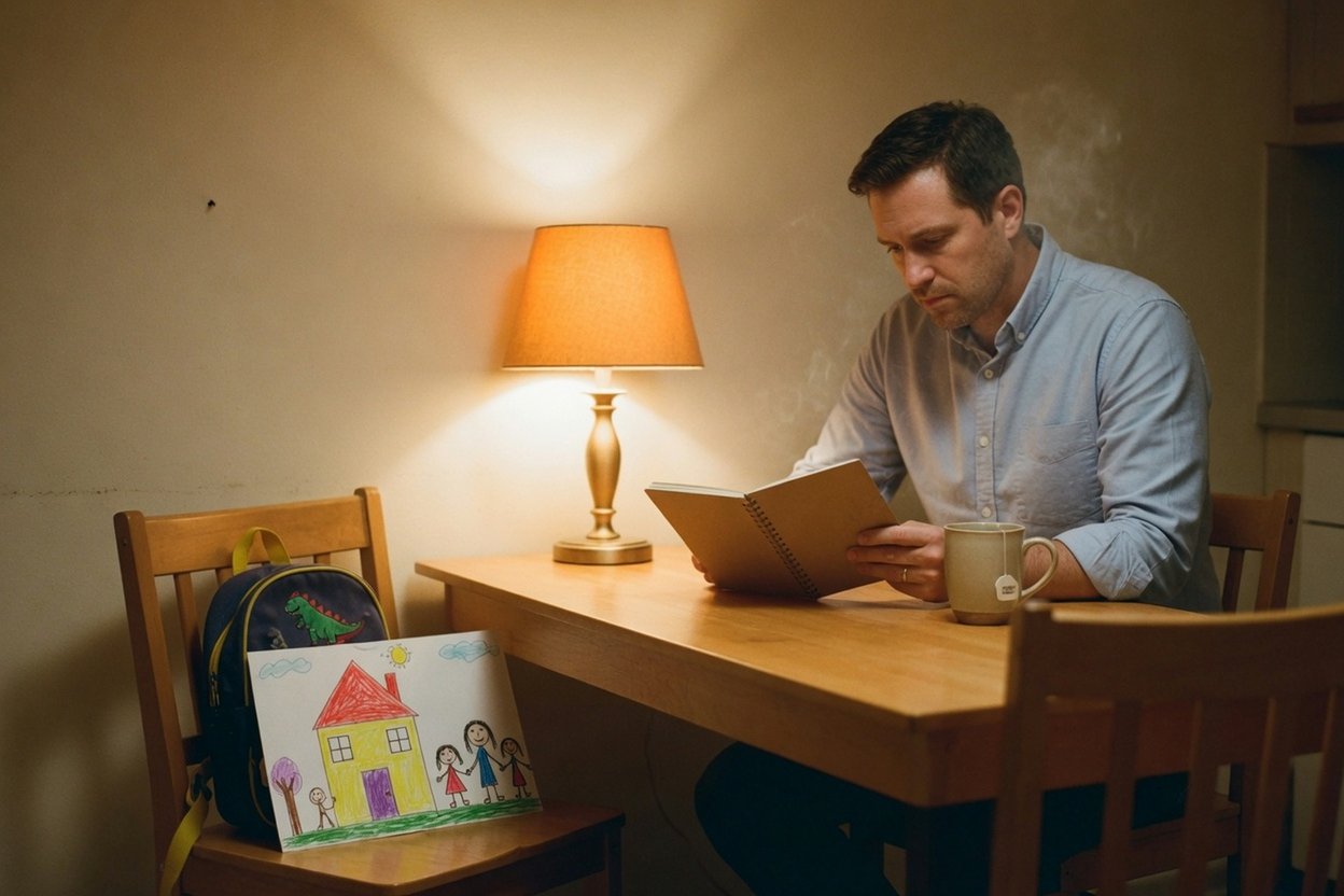 A father writes in his custody journal at the kitchen table in the evening, his daughter's drawing and backpack on the chair beside him