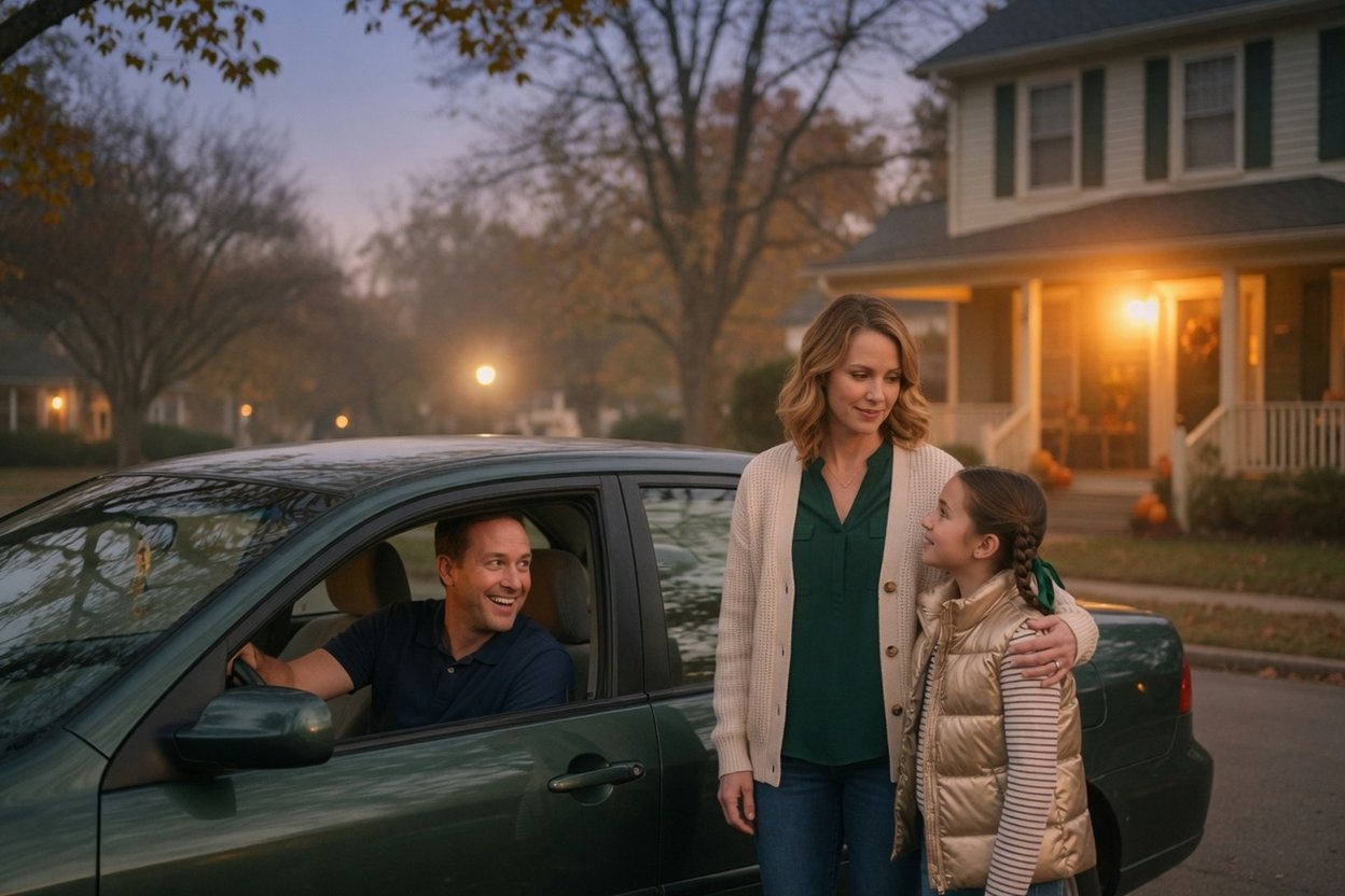 A mother keeps a calm arm around her daughter during a curbside handoff as the father grins from his car