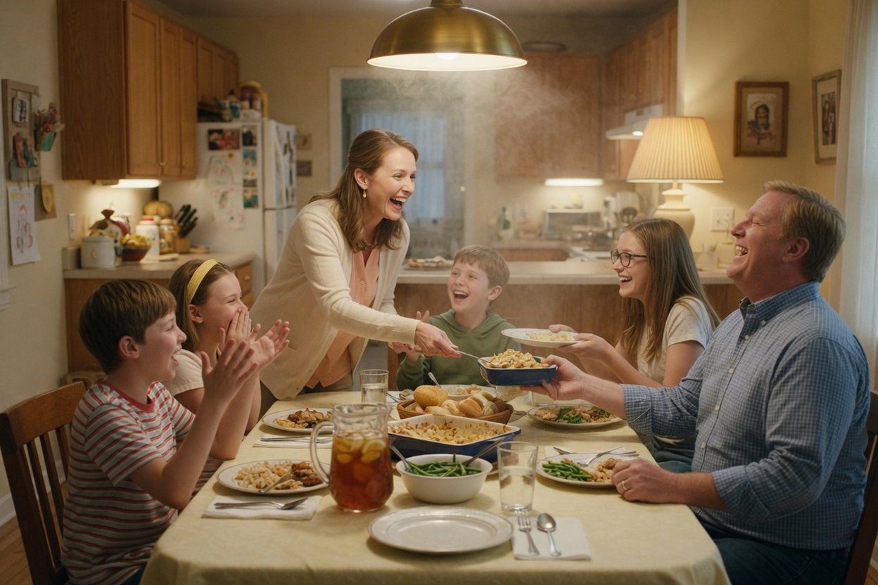 A blended family laughs and passes dishes around a busy dinner table
