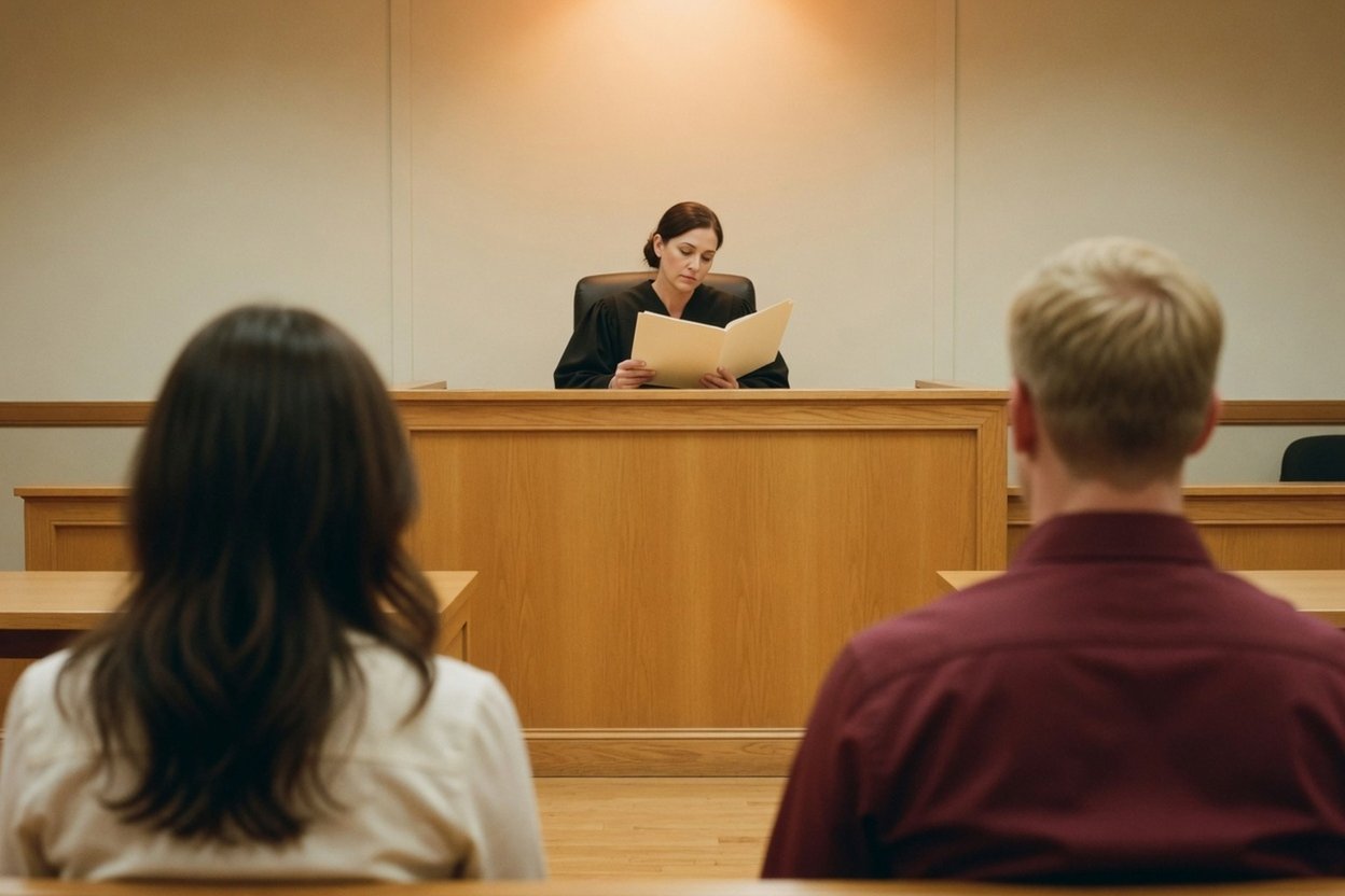 Seen past two parents in the gallery, a judge in a black robe reviews the case file at the bench