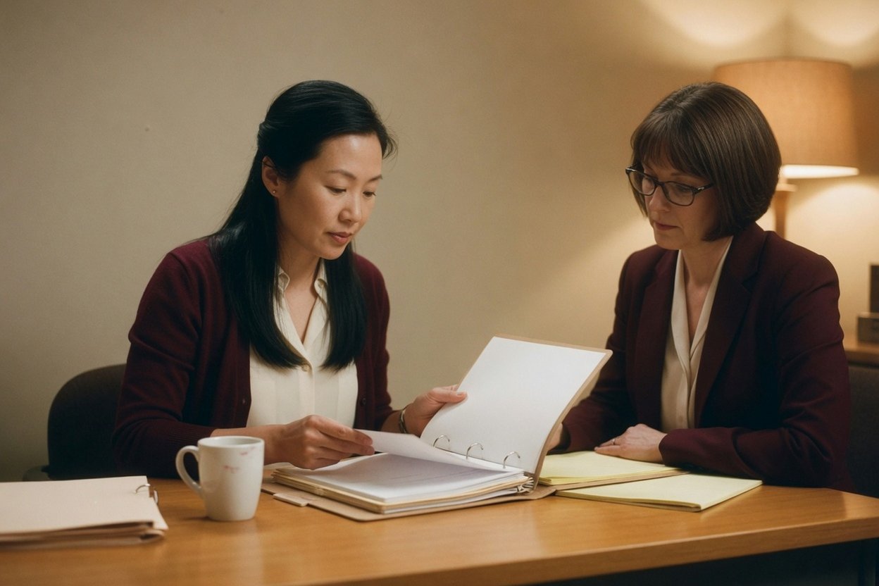 A mother organizes a binder of dated notes with her lawyer at a table
