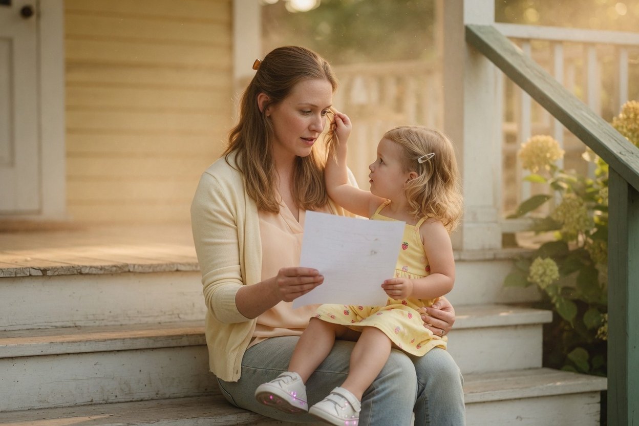A young mother reads a letter on the porch steps with her little daughter on her lap