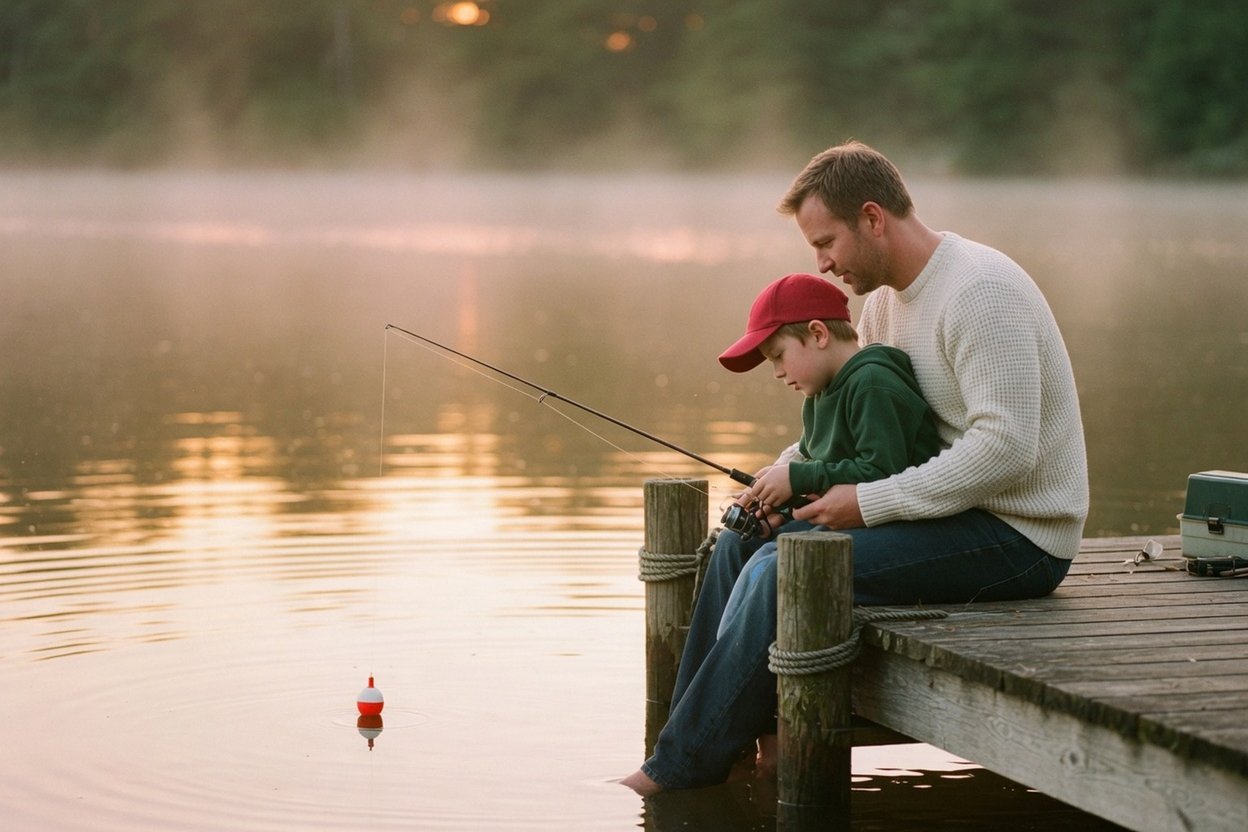 A father and his young son fish together off a dock at sunrise