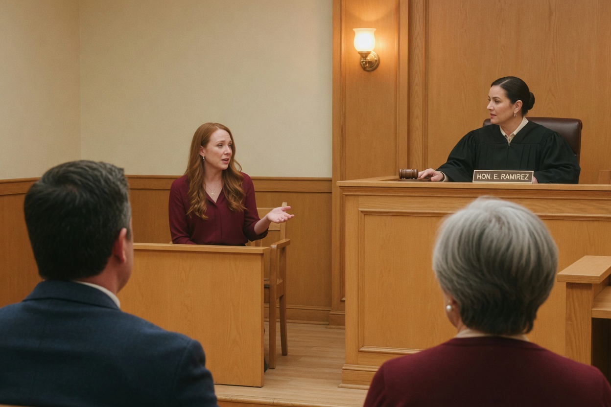 Seen past the father and his lawyer, a mother testifies from the witness stand beside the judge