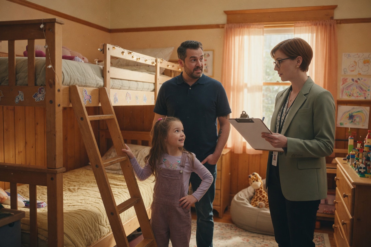 A custody evaluator with a clipboard tours a girl's bedroom as she proudly shows off her bunk bed, her father beside her