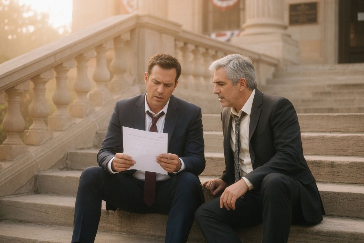 A father sits on the courthouse steps reading the ruling while his lawyer sits beside him to talk about next steps