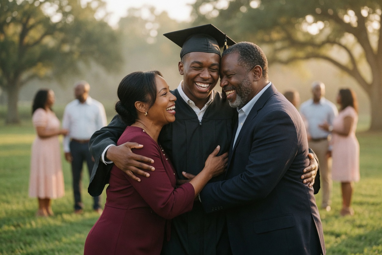 A high school graduate in cap and gown hugs both of his parents at once, all three laughing