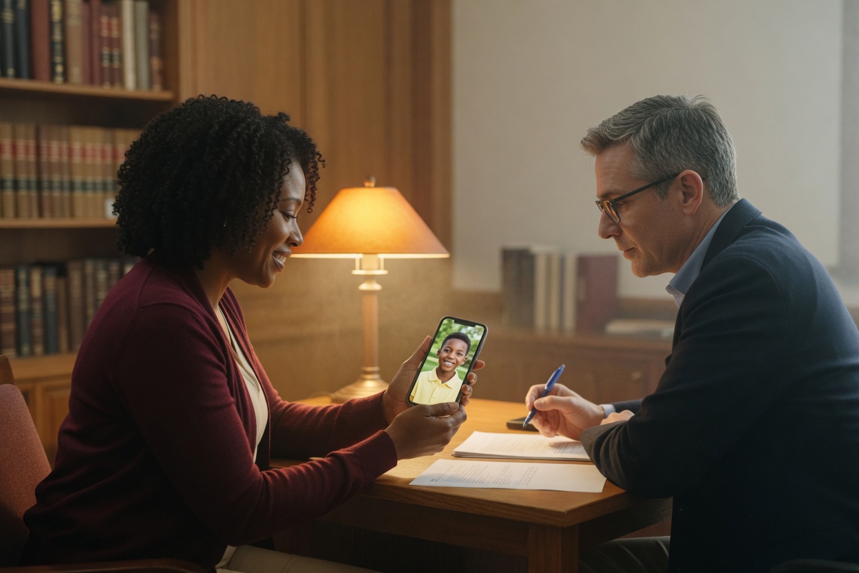 A mother shows a family lawyer a photo of her son on her phone during their first meeting