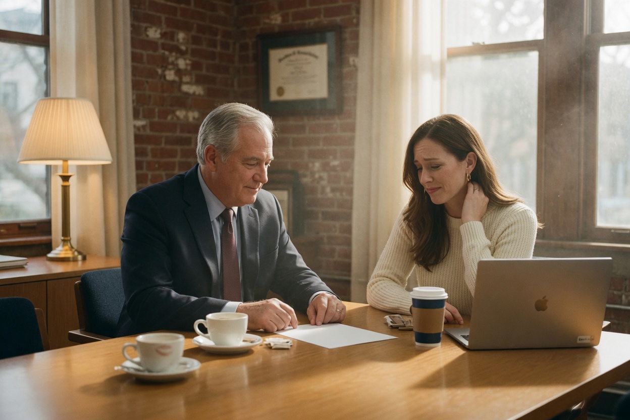 A mediator in a suit goes over the fee sheet with a mother in a brick-walled office