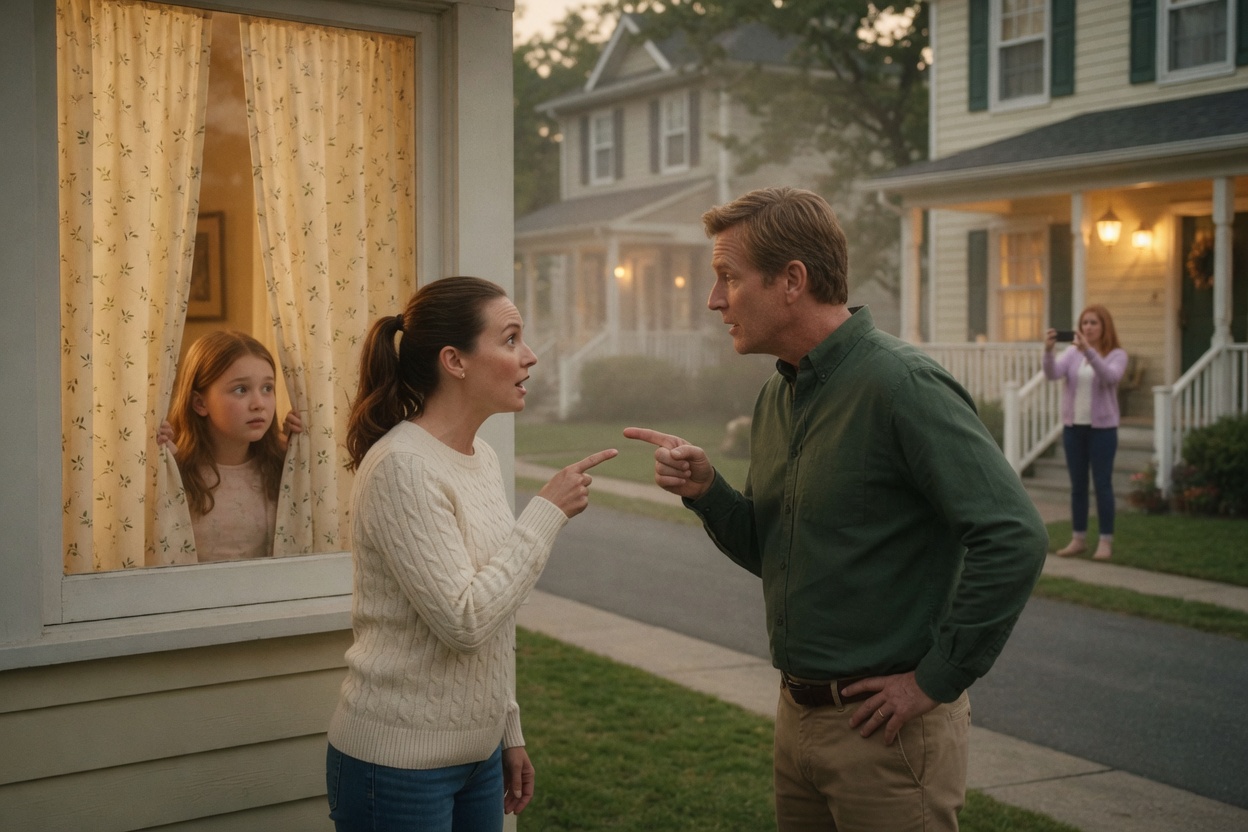 Parents argue on their front lawn while their daughter watches from the window and a neighbor across the street films on her phone