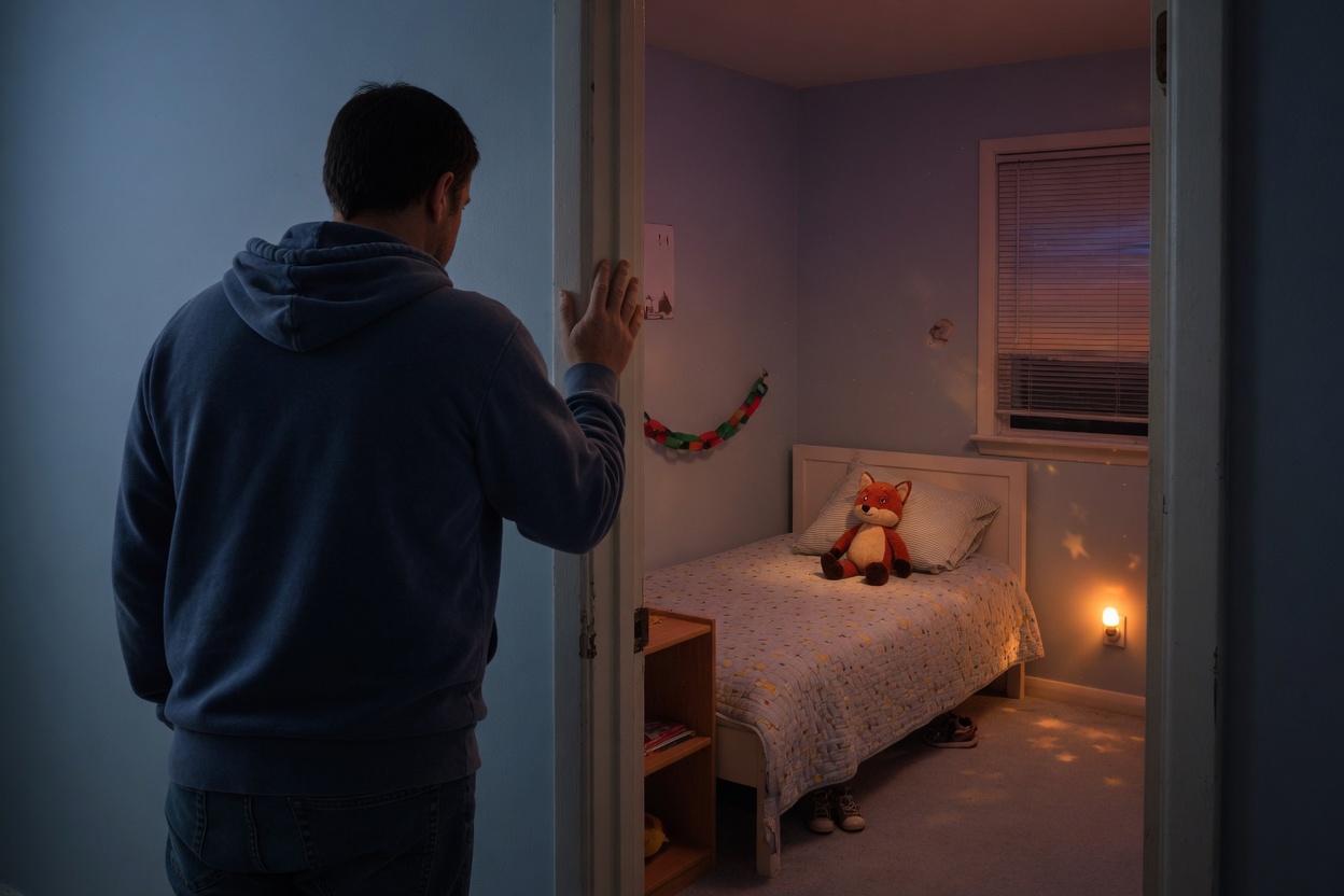 Parent in a doorway looking into an empty child’s bedroom at dusk