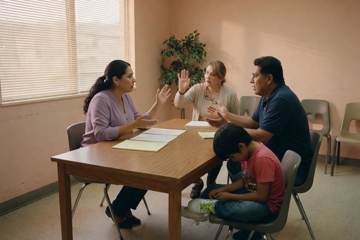 Parents argue across a mediation table while the mediator raises her hands and their son sits with his head down