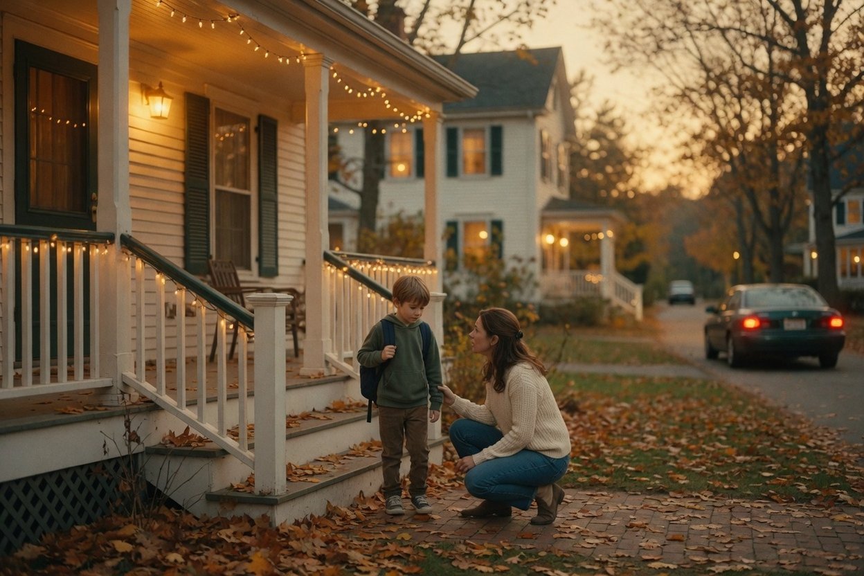 A boy with his backpack walks up the front path toward his mom, who kneels to ask about his visit as his dad's car pulls away