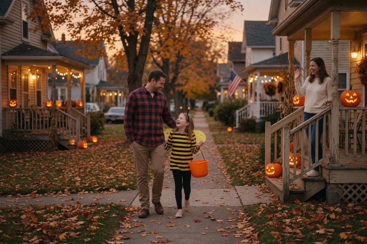 A dad walks his young daughter in a small pumpkin costume along a tree-lined street at dusk as she carries a glowing pumpkin bucket
