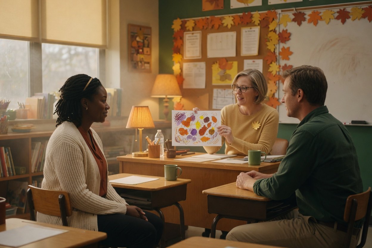 A mom and a dad sit side by side across a small desk from a teacher at a fall parent-teacher conference while a child's drawing hangs on the wall