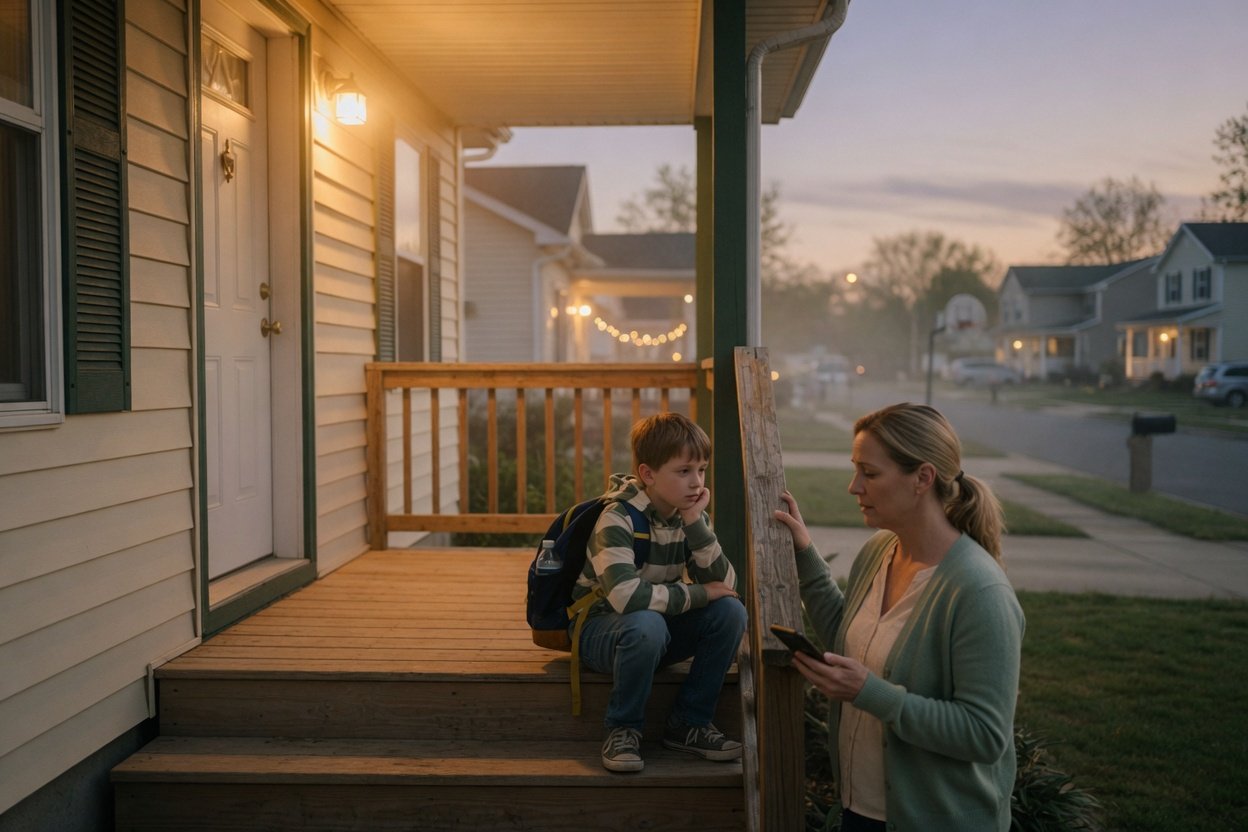 A boy sits on the front steps with his backpack while his mom stands nearby checking the empty street and her phone