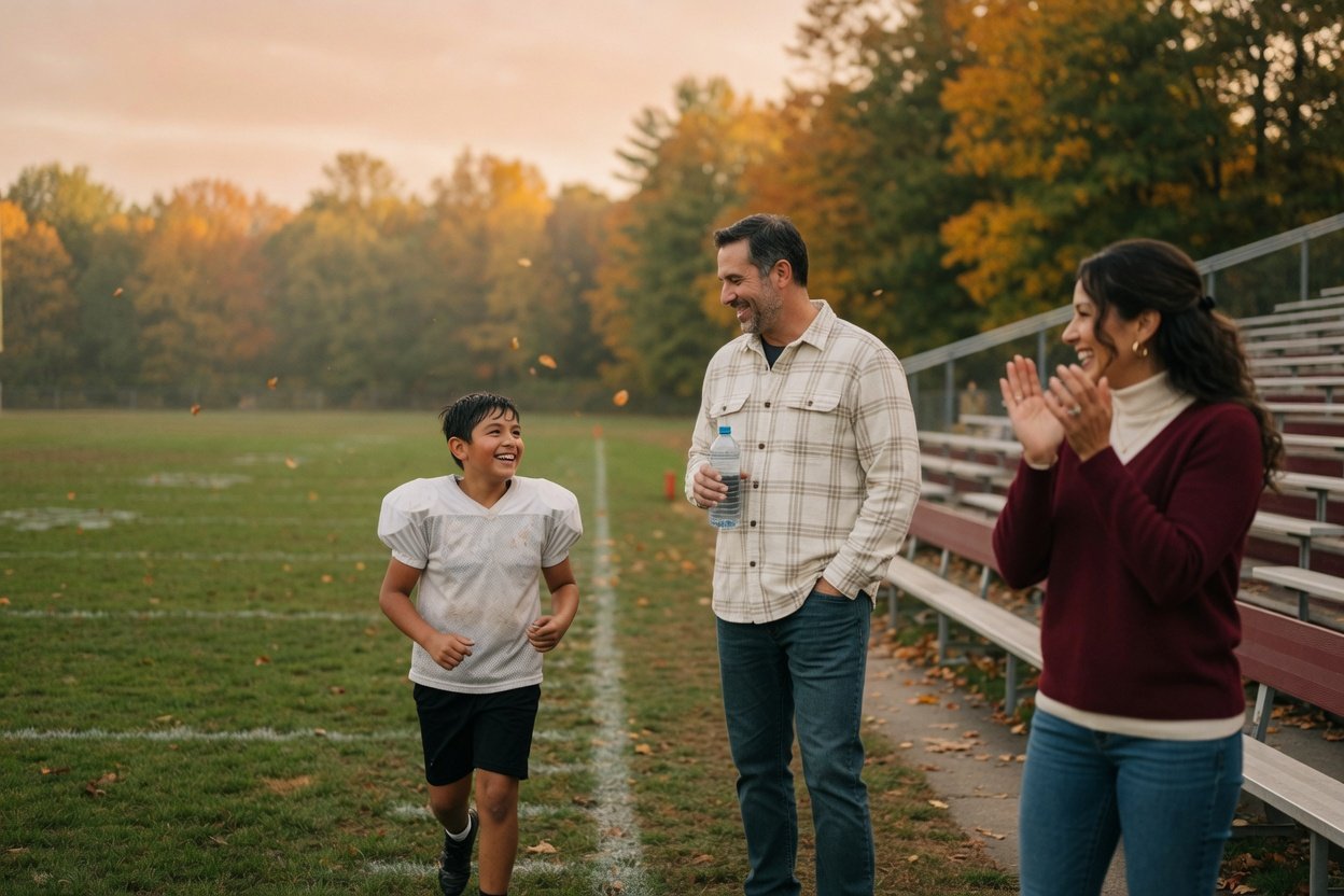 A boy in a soccer uniform jogs off a fall field toward his dad while his mom claps from the opposite side of the sideline