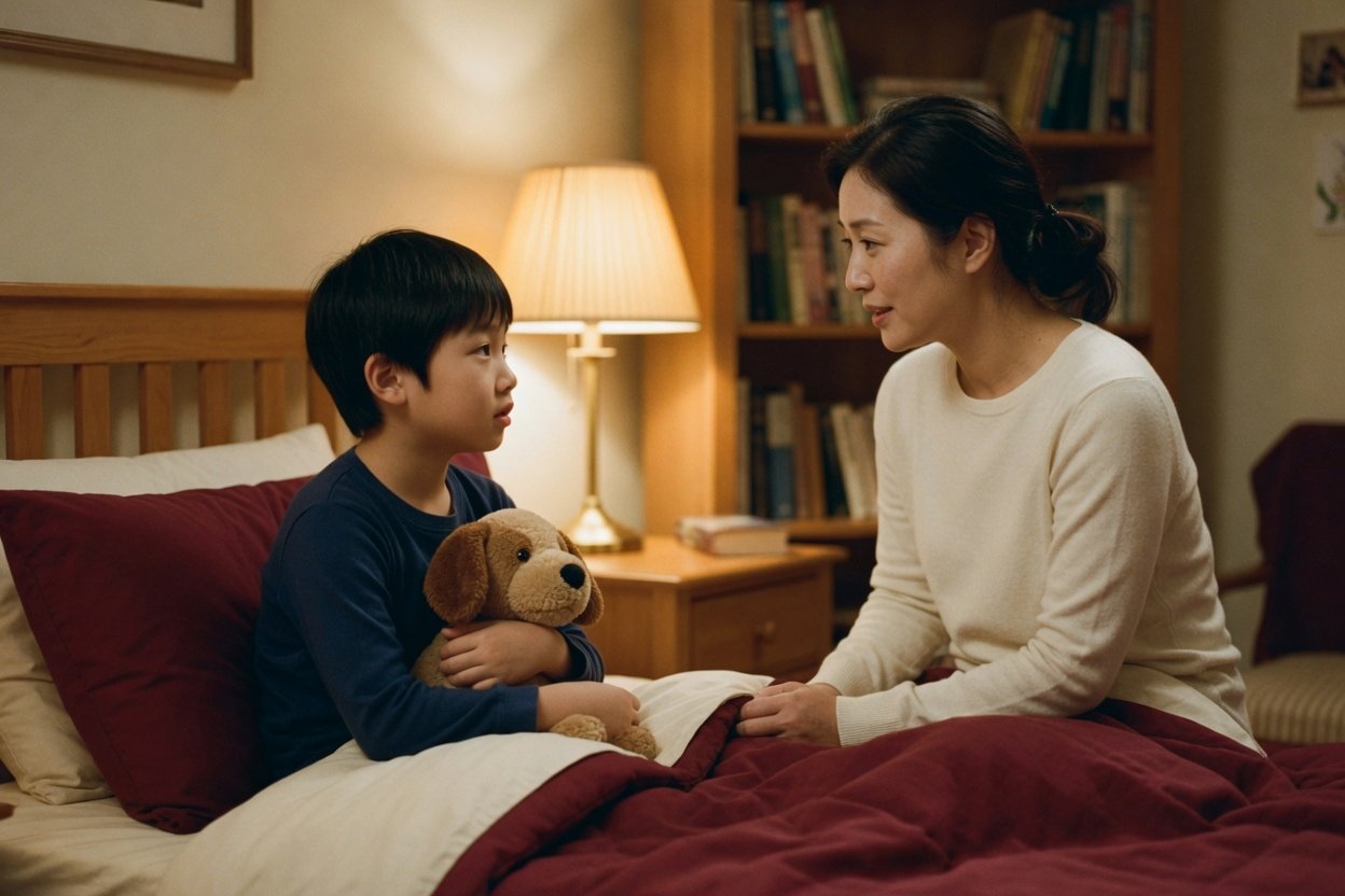 A mom sits on the edge of her young son's bed at bedtime, talking quietly with him in lamplight