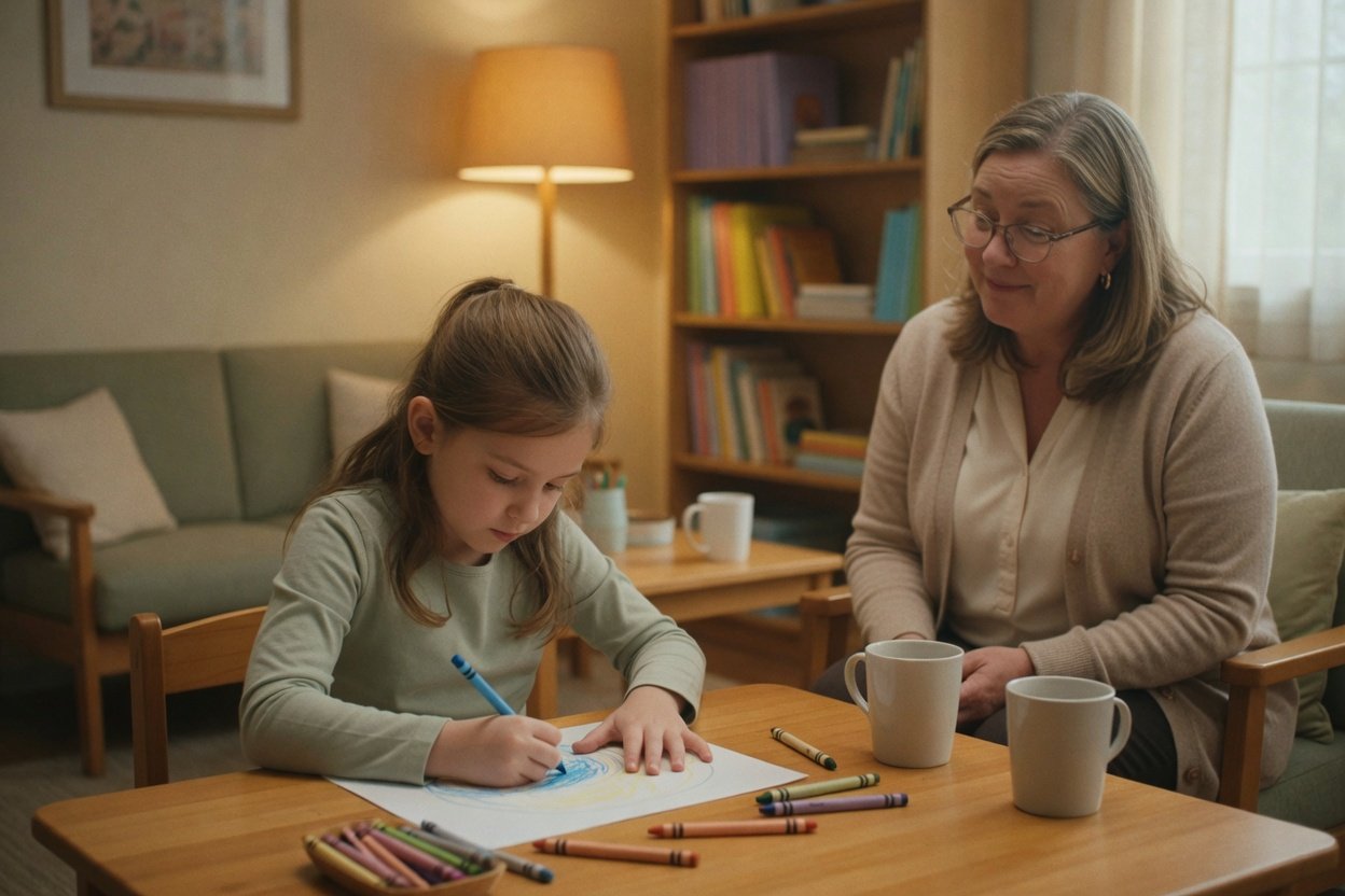 A young girl draws at a low table in a softly lit therapist's office while a kind therapist sits nearby with a notepad