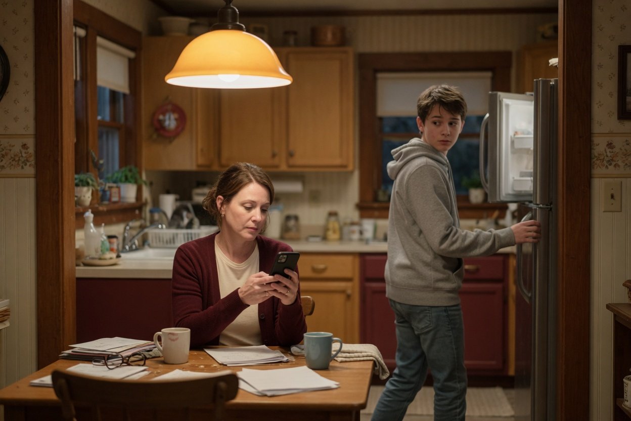 A mom sits at the kitchen table at night with a phone in her hand, hesitating, while her teenage son passes behind her toward the fridge