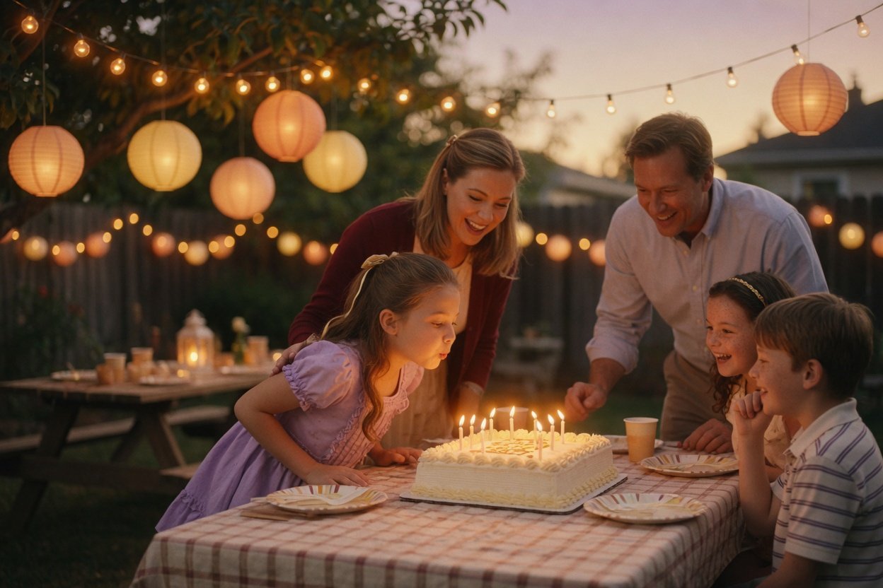 A little girl blows out candles on a birthday cake while her mom and dad stand on either side of her smiling at her