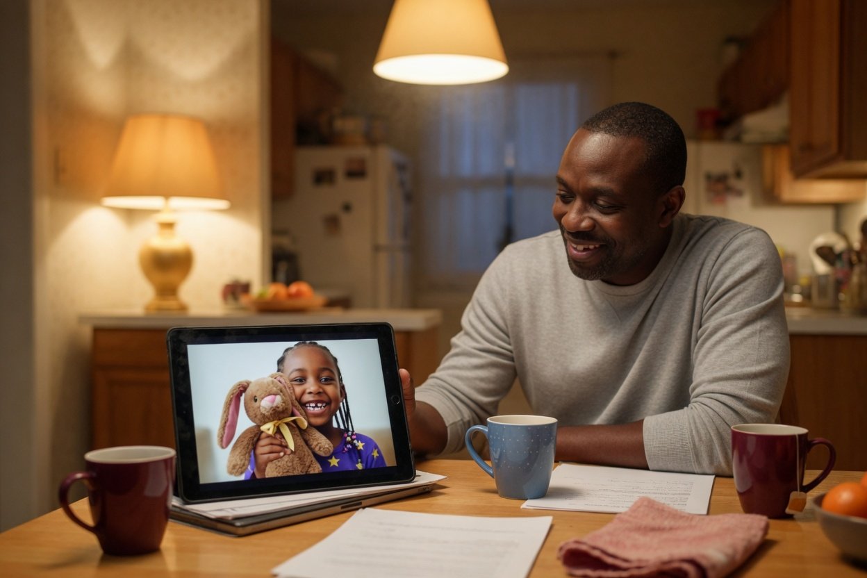 A dad smiles at a tablet propped on his kitchen table while his young daughter, shown on the screen, holds up a stuffed rabbit