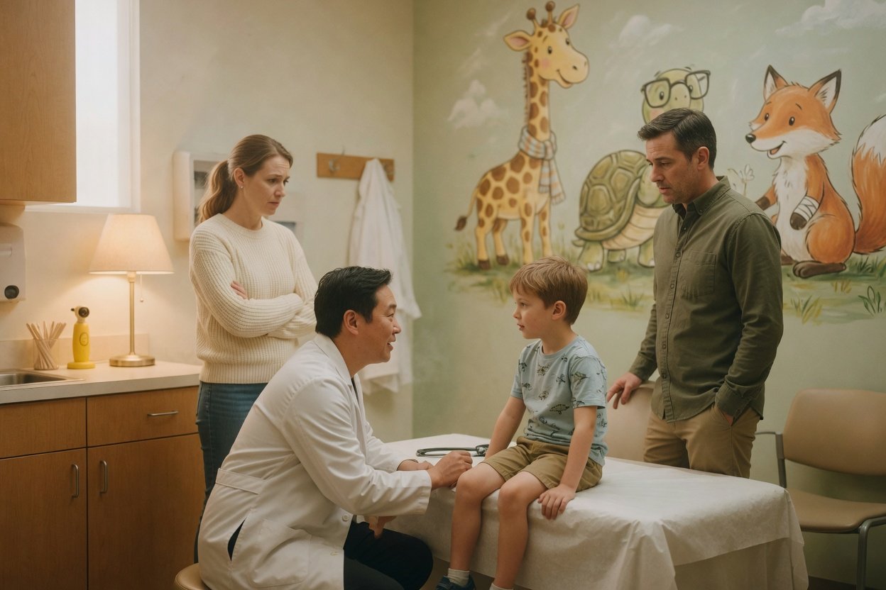A pediatrician kneels to talk with a young boy on the exam table while his mom and dad stand on either side listening