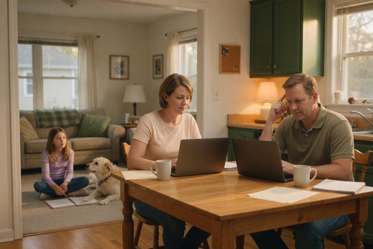 A mom and a dad sit at opposite ends of a kitchen table with a folder between them while their daughter does homework in the next room
