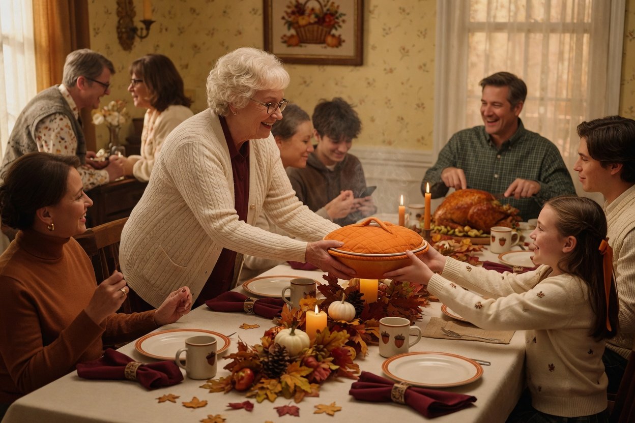 A grandmother hands a warm dish across a Thanksgiving table to a girl while her dad carves the turkey at the head of the table