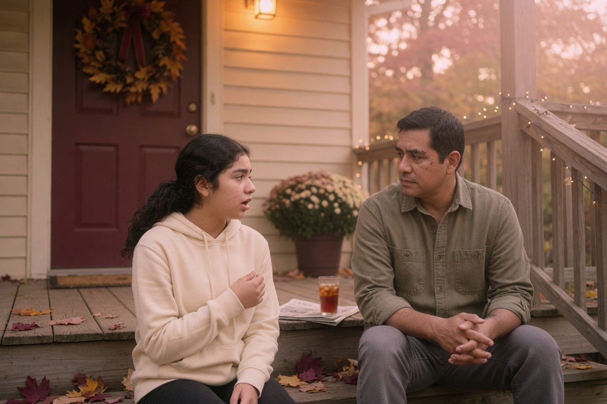 A teenage girl sits on a porch step next to her dad, talking quietly while he listens with his hands clasped
