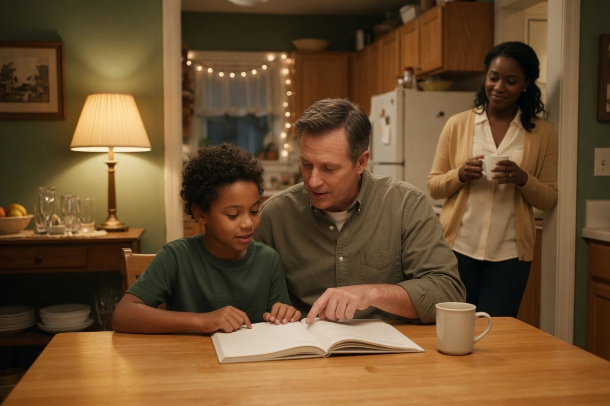A dad sits beside his young son at the kitchen table helping with homework while his son's mom looks on from the doorway with a cup of coffee