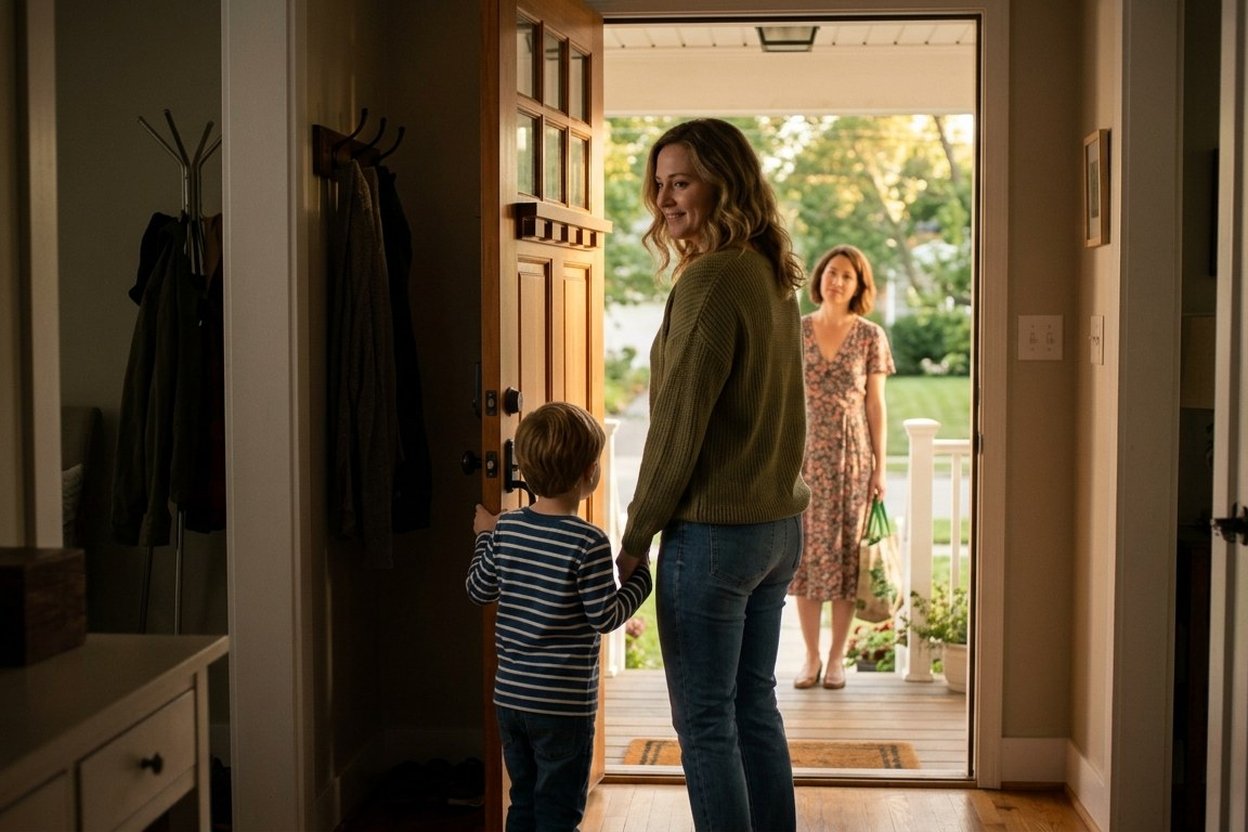 A parent walks a young child up to a front door, the child's backpack over one shoulder, in soft morning light.