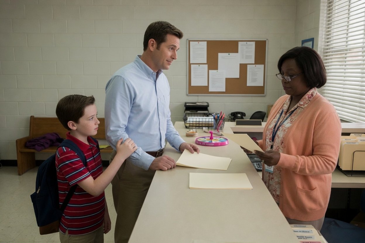 A dad goes through custody papers with the school secretary while his son watches