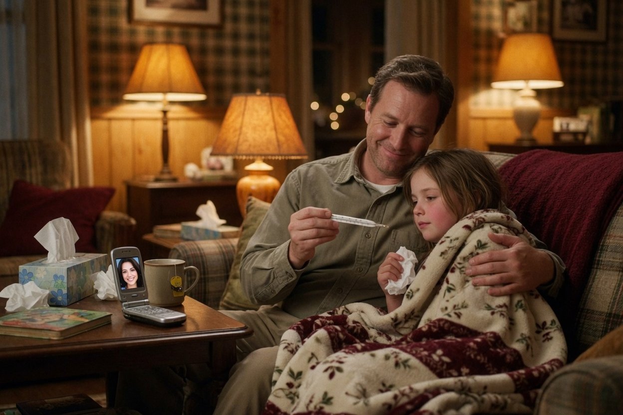 A dad checks his sick daughter's temperature as she rests under a blanket on the couch